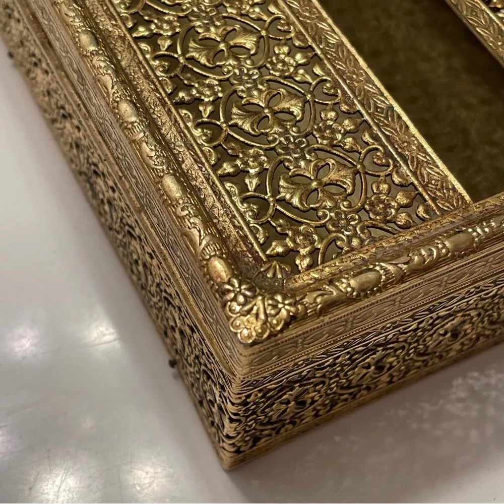 Vintage Tissue Box Holder Gold Filigree Hollywood Regency Metal